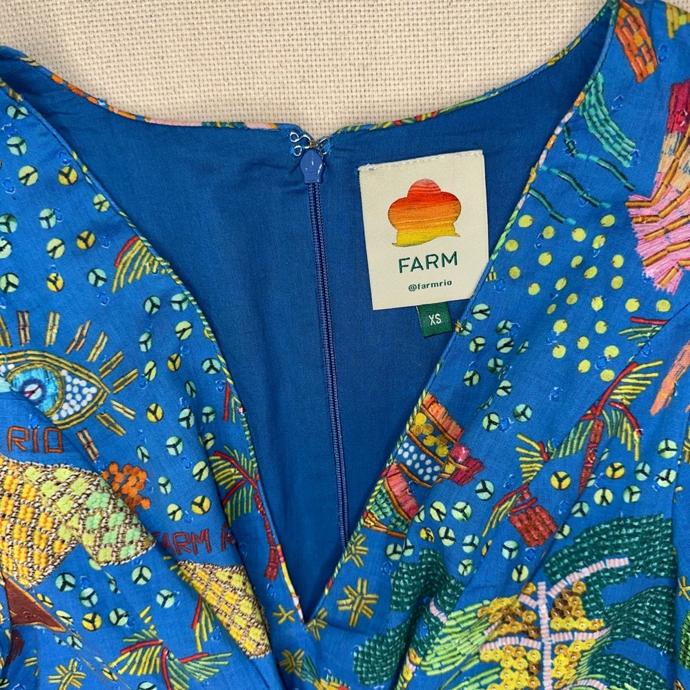FARM Rio Ocean Stories Teal Blue Puff Sleeve Beaded Tassels Mini Dress XS - Picture 2 of 7